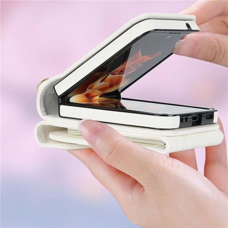 Étui de téléphone à emplacements multiples pour Samsung Galaxy Z Flip3 5G, étui en cuir+PC avec bloc RFID et support anneau - Blanc