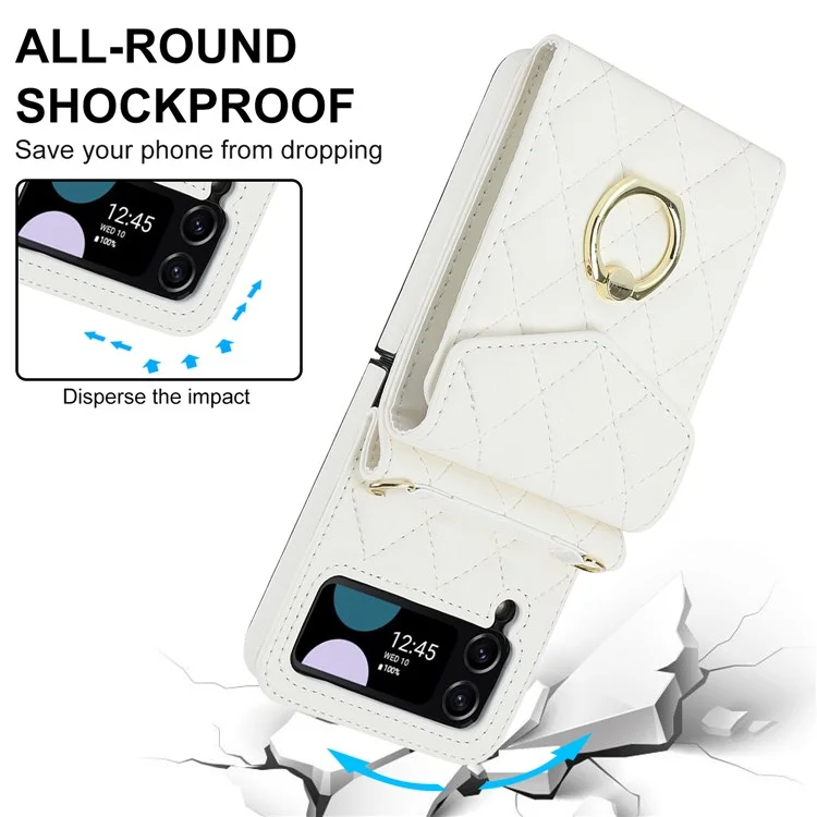 Étui de téléphone à emplacements multiples pour Samsung Galaxy Z Flip3 5G, étui en cuir+PC avec bloc RFID et support anneau - Blanc