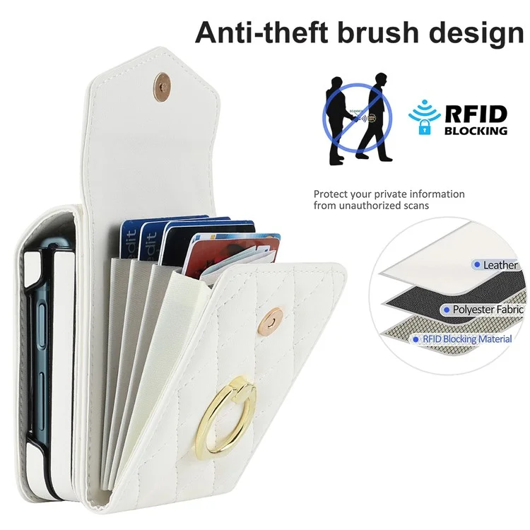 Étui de téléphone à emplacements multiples pour Samsung Galaxy Z Flip3 5G, étui en cuir+PC avec bloc RFID et support anneau - Blanc