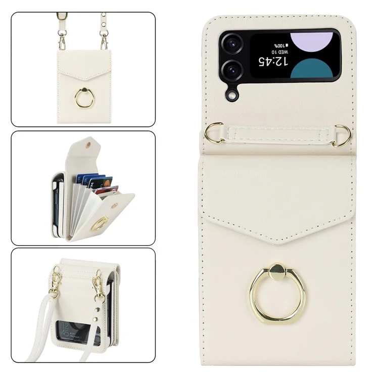 Pour Samsung Galaxy Z Flip3 5G Ring Kickstand Case RFID Blocking Multiple Card Slots Leather+PC Cover - Blanc