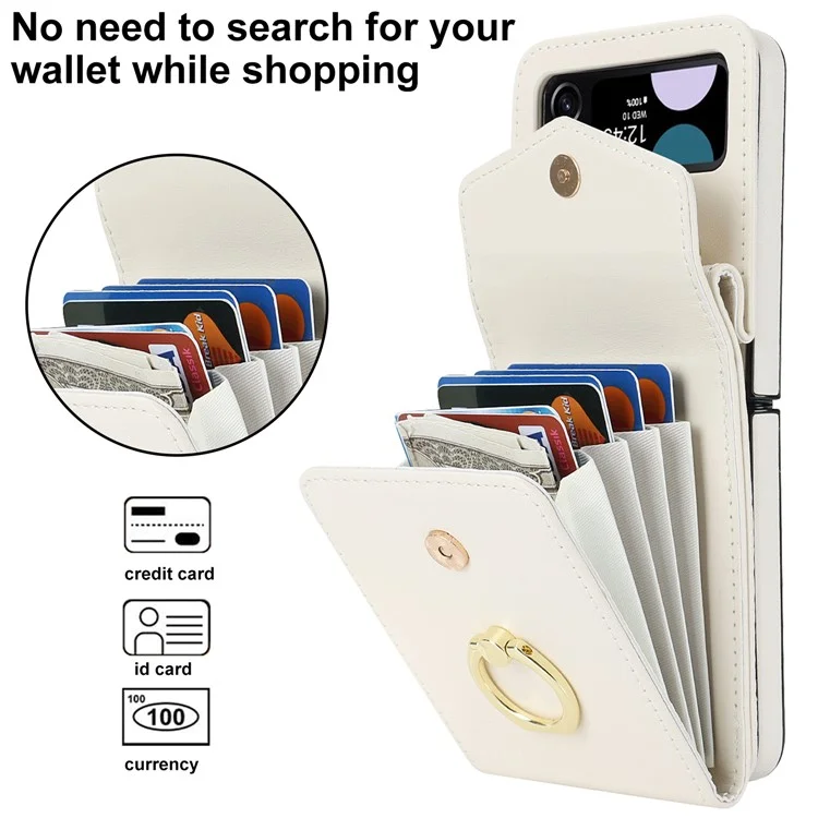 Pour Samsung Galaxy Z Flip3 5G Ring Kickstand Case RFID Blocking Multiple Card Slots Leather+PC Cover - Blanc