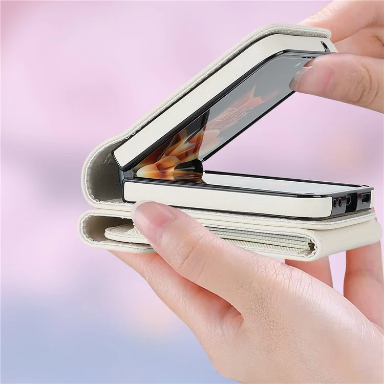 Pour Samsung Galaxy Z Flip3 5G Ring Kickstand Case RFID Blocking Multiple Card Slots Leather+PC Cover - Blanc
