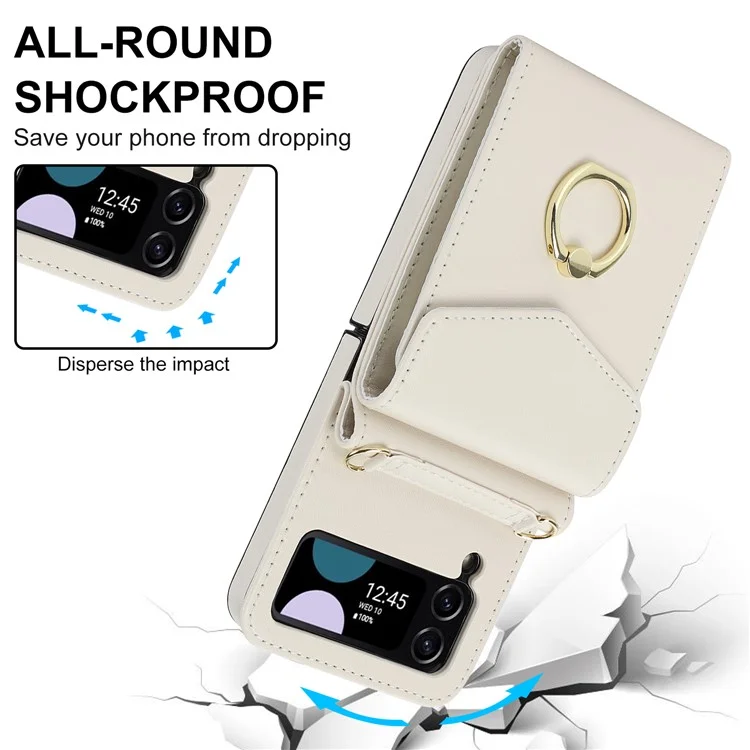 Pour Samsung Galaxy Z Flip3 5G Ring Kickstand Case RFID Blocking Multiple Card Slots Leather+PC Cover - Blanc