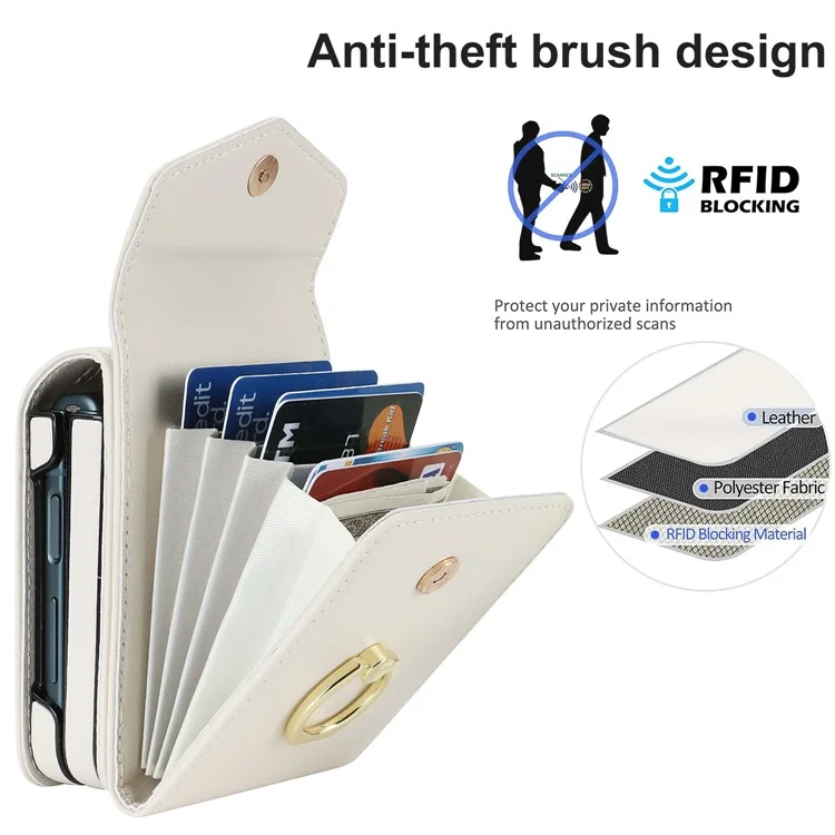 Pour Samsung Galaxy Z Flip3 5G Ring Kickstand Case RFID Blocking Multiple Card Slots Leather+PC Cover - Blanc