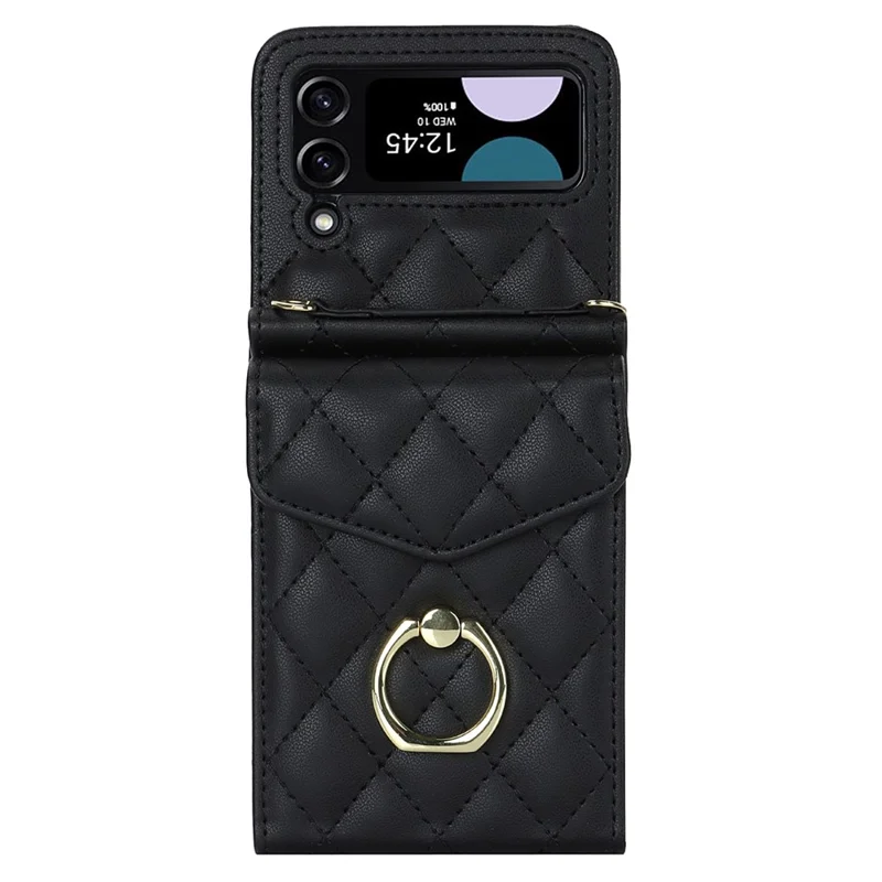 For Samsung Galaxy Z Flip4 5G RFID Blocking Multiple Card Slots Case Ring Kickstand Leather+PC Cover - Black