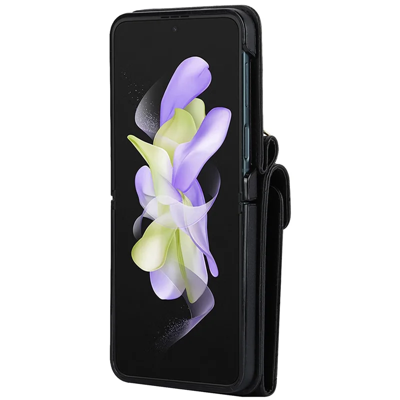 For Samsung Galaxy Z Flip4 5G RFID Blocking Multiple Card Slots Case Ring Kickstand Leather+PC Cover - Black