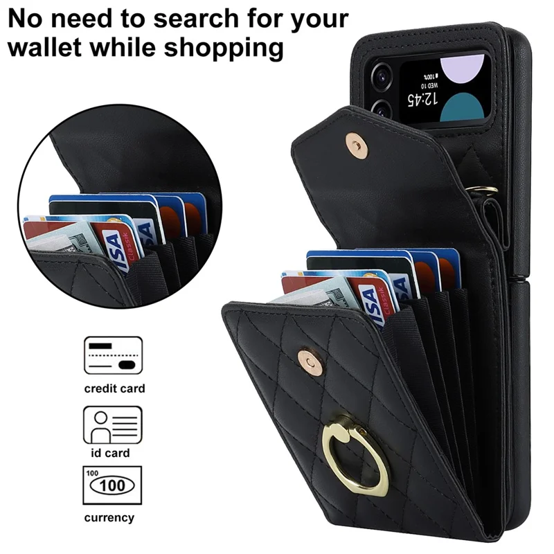 For Samsung Galaxy Z Flip4 5G RFID Blocking Multiple Card Slots Case Ring Kickstand Leather+PC Cover - Black