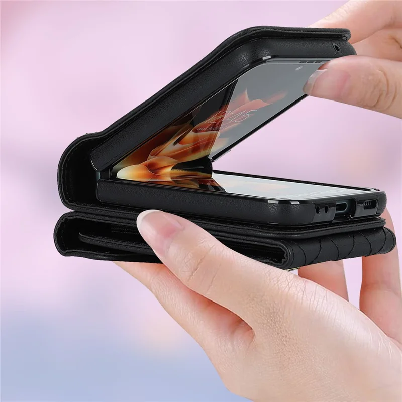 For Samsung Galaxy Z Flip4 5G RFID Blocking Multiple Card Slots Case Ring Kickstand Leather+PC Cover - Black