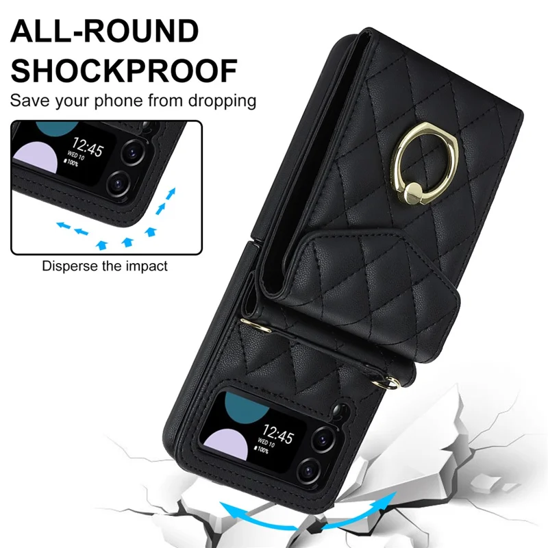 For Samsung Galaxy Z Flip4 5G RFID Blocking Multiple Card Slots Case Ring Kickstand Leather+PC Cover - Black