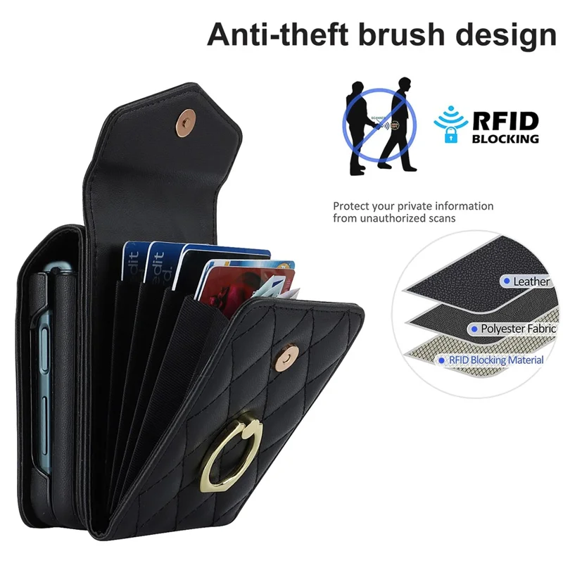For Samsung Galaxy Z Flip4 5G RFID Blocking Multiple Card Slots Case Ring Kickstand Leather+PC Cover - Black