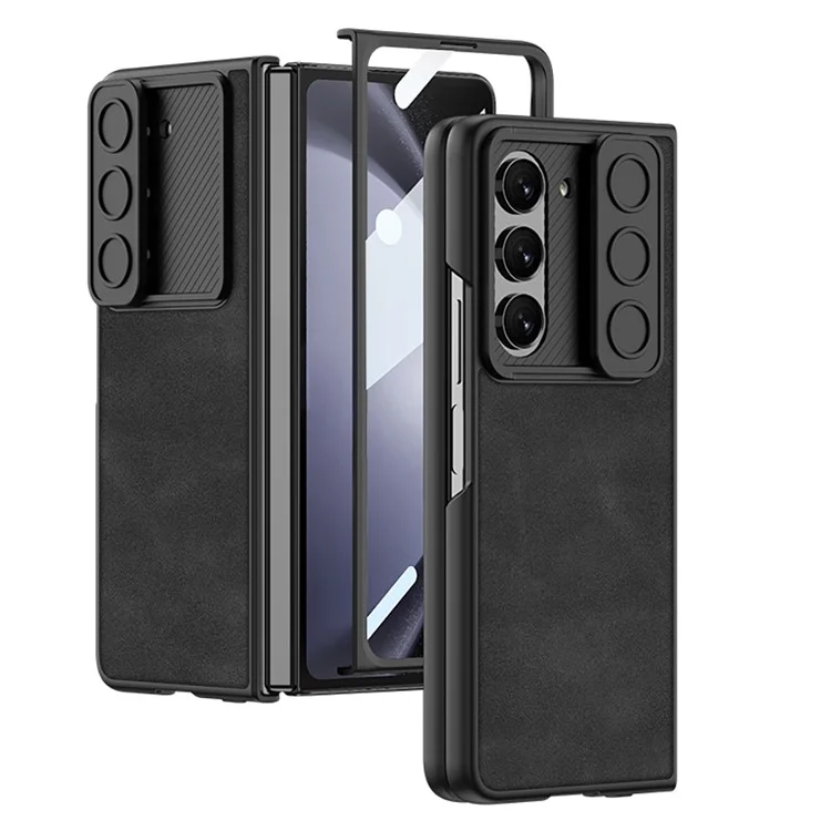 Custodia per telefono GKK Anti-Drop per Samsung Galaxy Z Fold5 5G, cover in PC+PU rigida e sottile con pellicola in vetro temperato - Nera