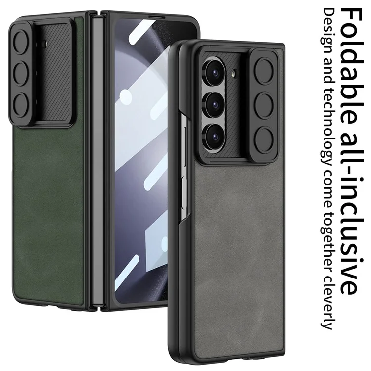 Custodia per telefono GKK Anti-Drop per Samsung Galaxy Z Fold5 5G, cover in PC+PU rigida e sottile con pellicola in vetro temperato - Nera