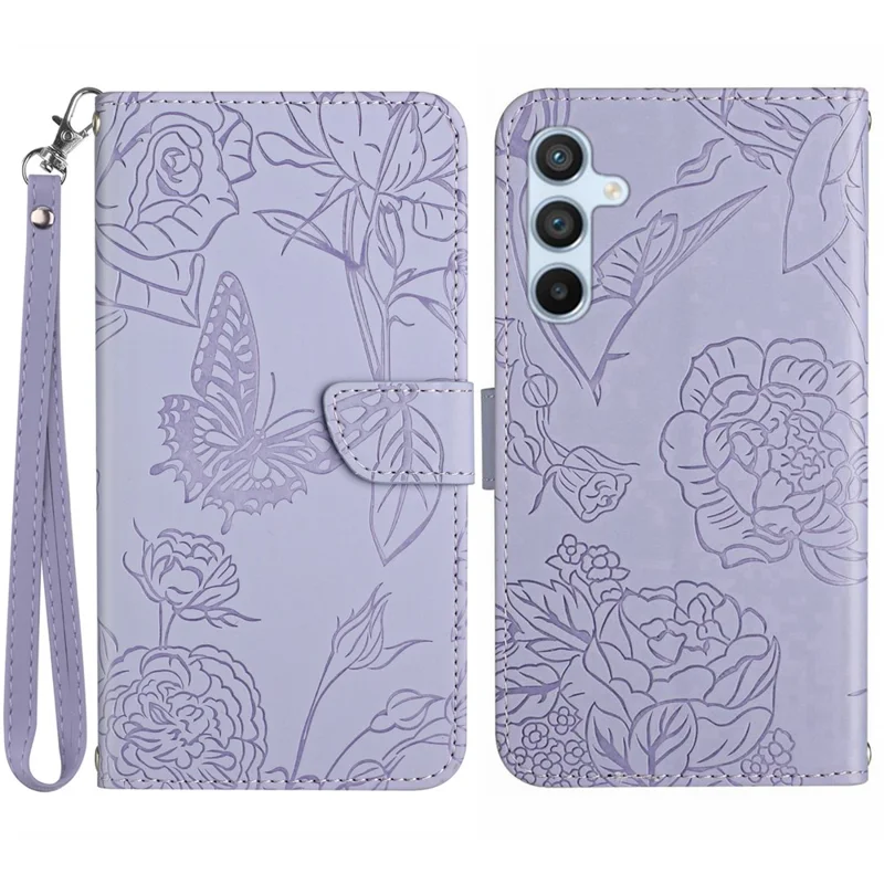 HT03 For Samsung Galaxy S23 FE Skin-touch Leather Case Imprinted Butterfly Flowers Phone Stand Cover with Hand Strap - Purple