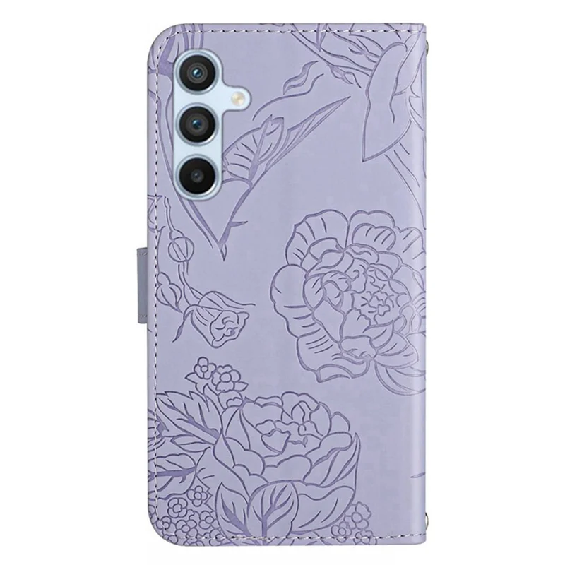 HT03 For Samsung Galaxy S23 FE Skin-touch Leather Case Imprinted Butterfly Flowers Phone Stand Cover with Hand Strap - Purple