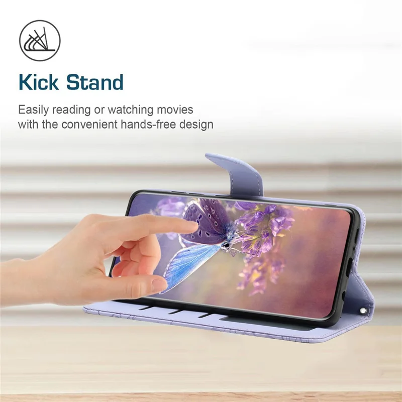HT03 For Samsung Galaxy S23 FE Skin-touch Leather Case Imprinted Butterfly Flowers Phone Stand Cover with Hand Strap - Purple