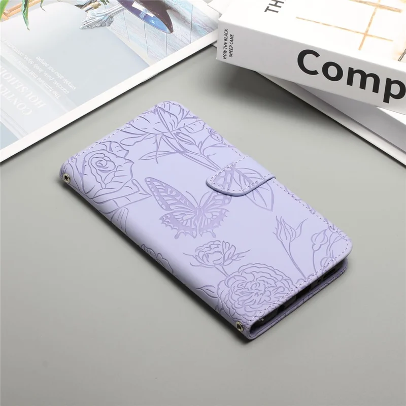 HT03 For Samsung Galaxy S23 FE Skin-touch Leather Case Imprinted Butterfly Flowers Phone Stand Cover with Hand Strap - Purple