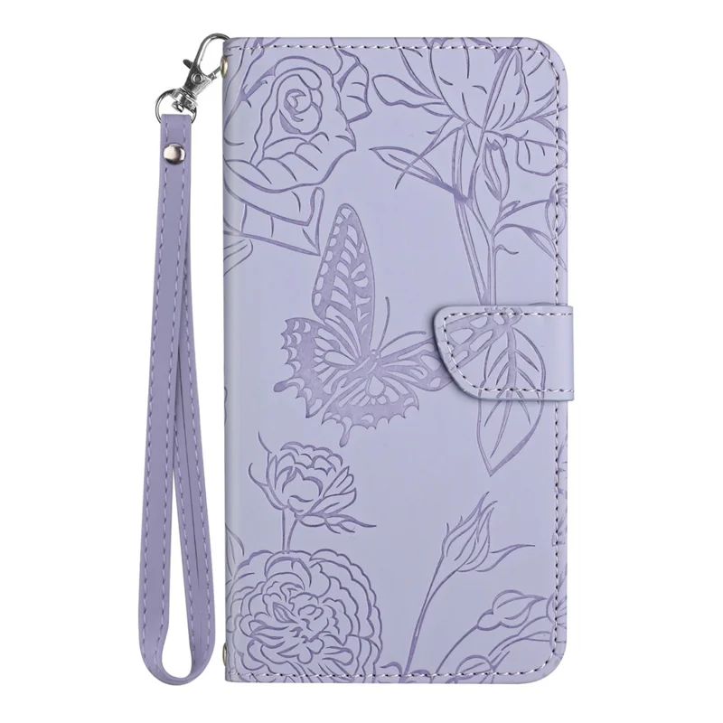 HT03 For Samsung Galaxy S23 FE Skin-touch Leather Case Imprinted Butterfly Flowers Phone Stand Cover with Hand Strap - Purple