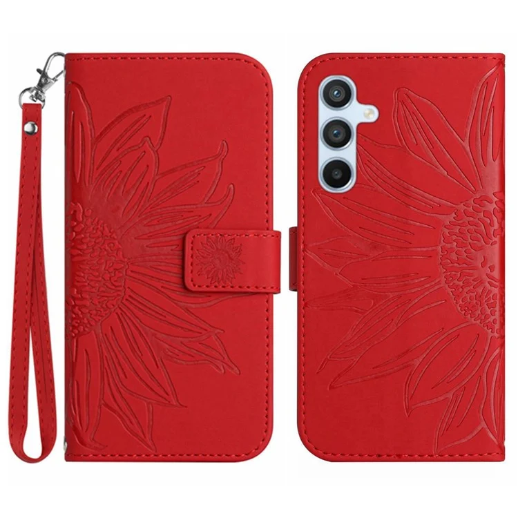 HT04 Leather Phone Case for Samsung Galaxy S23 FE , Sunflower Pattern Flip Wallet Stand Cover with Hand Strap - Red