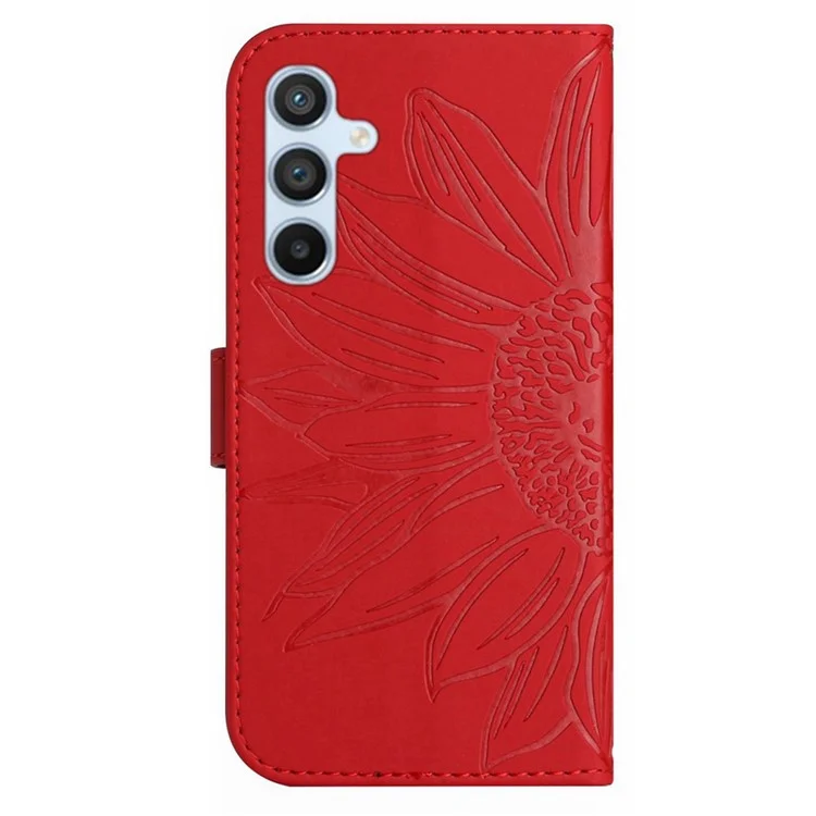 HT04 Leather Phone Case for Samsung Galaxy S23 FE , Sunflower Pattern Flip Wallet Stand Cover with Hand Strap - Red