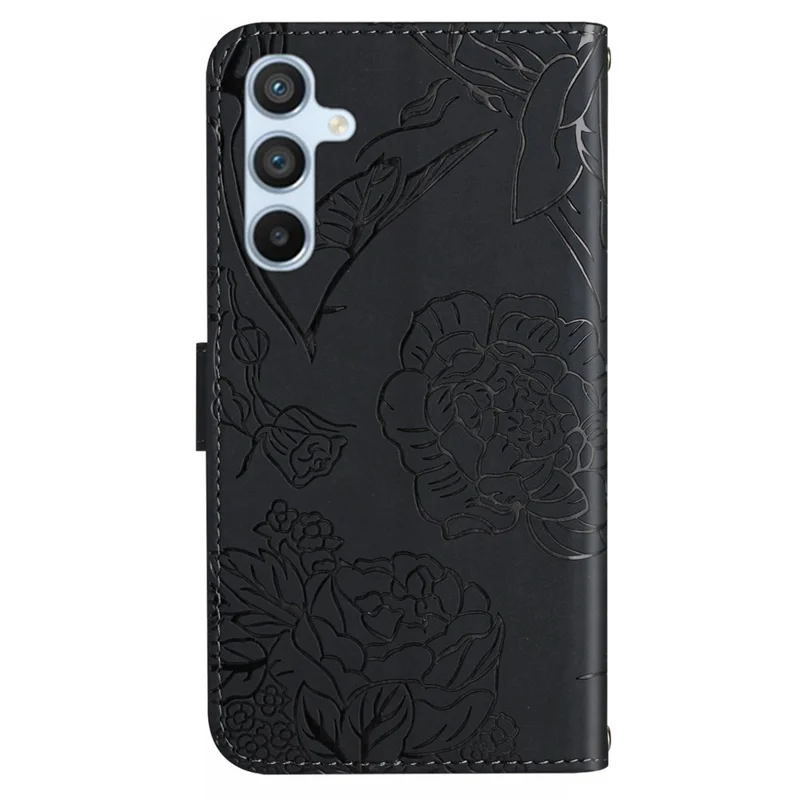 HT03 For Samsung Galaxy S23 FE Skin-touch Phone Case Imprinted Butterfly Flowers Stand Cover with Shoulder Strap - Black