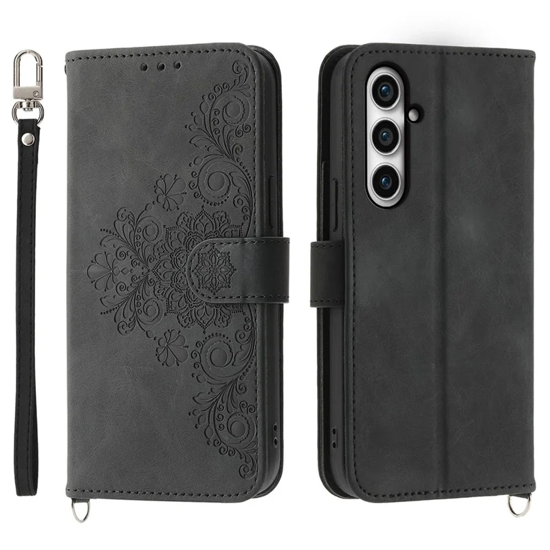 Shockproof Phone Case for Samsung Galaxy S23 FE Imprinted Flower Leather Wallet Stand Cover with 2 Straps - Black