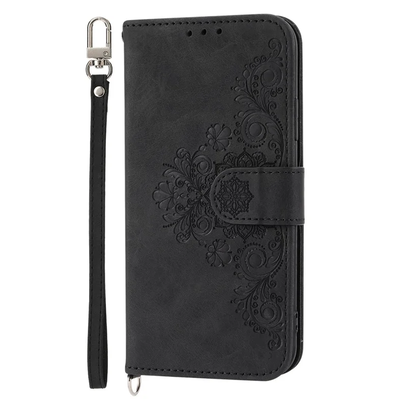 Shockproof Phone Case for Samsung Galaxy S23 FE Imprinted Flower Leather Wallet Stand Cover with 2 Straps - Black