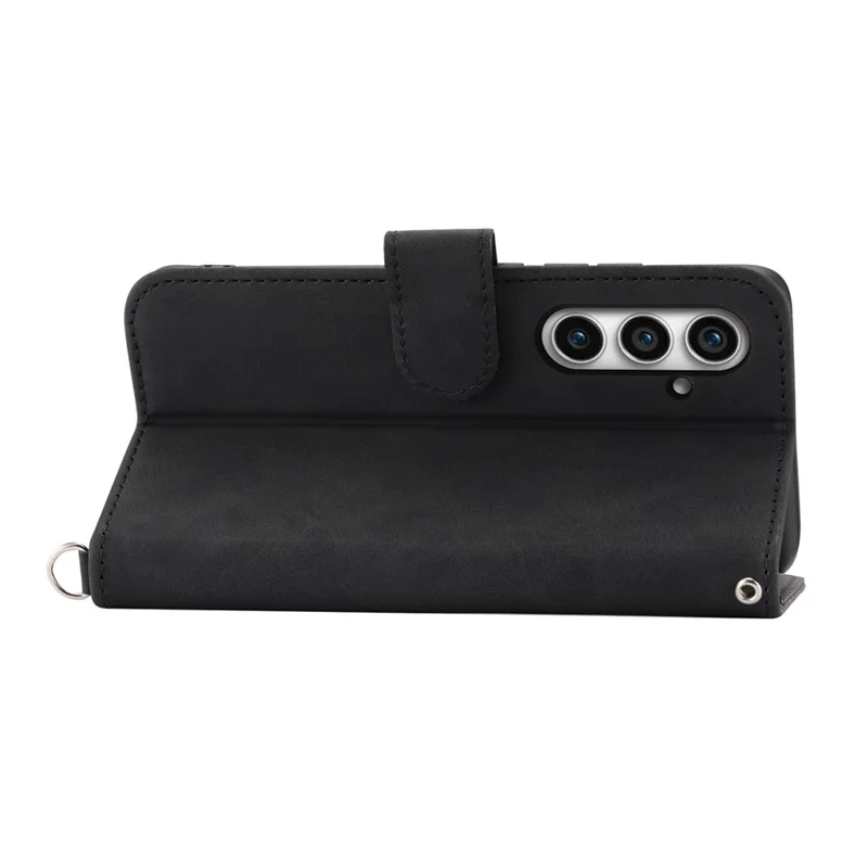 Shockproof Phone Case for Samsung Galaxy S23 FE Imprinted Flower Leather Wallet Stand Cover with 2 Straps - Black