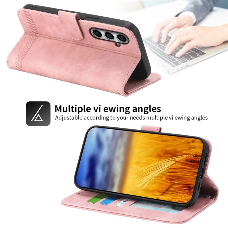 DIERFENG DF-03 for Samsung Galaxy S23 FE Leather Wallet Phone Case Lines Imprint Anti-drop Cover with Stand - Pink