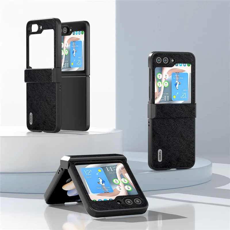 ABEEL For Samsung Galaxy Z Flip5 5G Phone Case Drop-Proof Litchi Texture PU Leather Coated PC Cover - Black