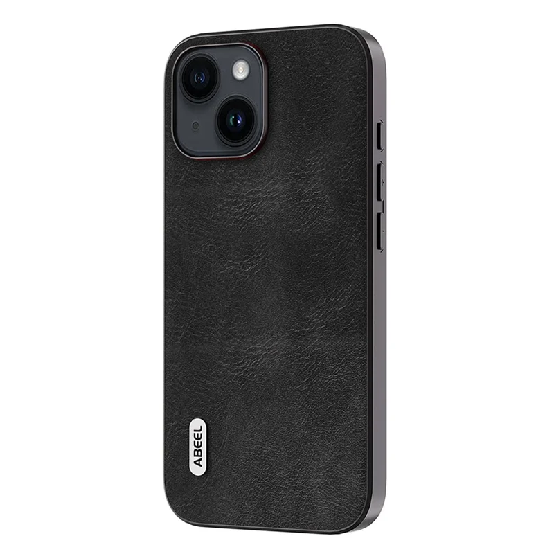 ABEEL Phone Case for iPhone 15 , Cowhide Texture PU Leather Coated PC + TPU Anti-drop Cover - Black