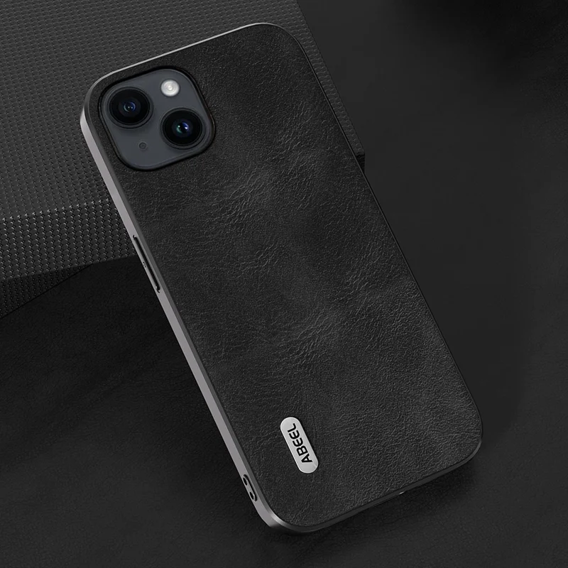 ABEEL Phone Case for iPhone 15 , Cowhide Texture PU Leather Coated PC + TPU Anti-drop Cover - Black