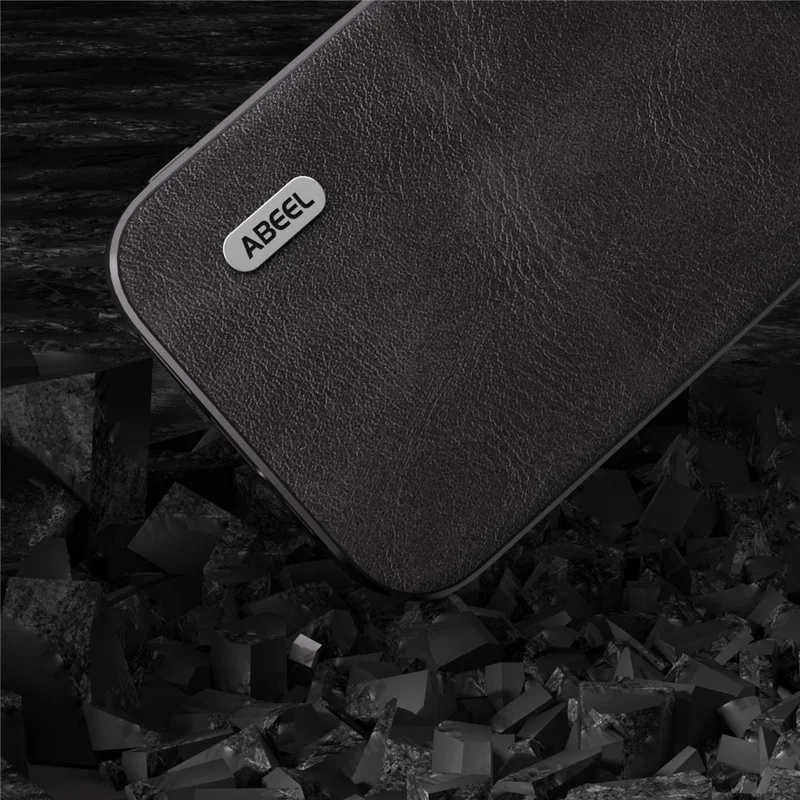 ABEEL Phone Case for iPhone 15 , Cowhide Texture PU Leather Coated PC + TPU Anti-drop Cover - Black