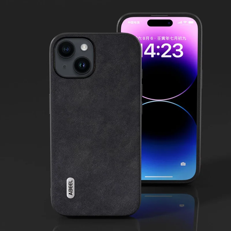 ABEEL For iPhone 15 Anti-drop Textured PU Leather Coated PC+TPU Shell Ultra Thin Phone Case - Black