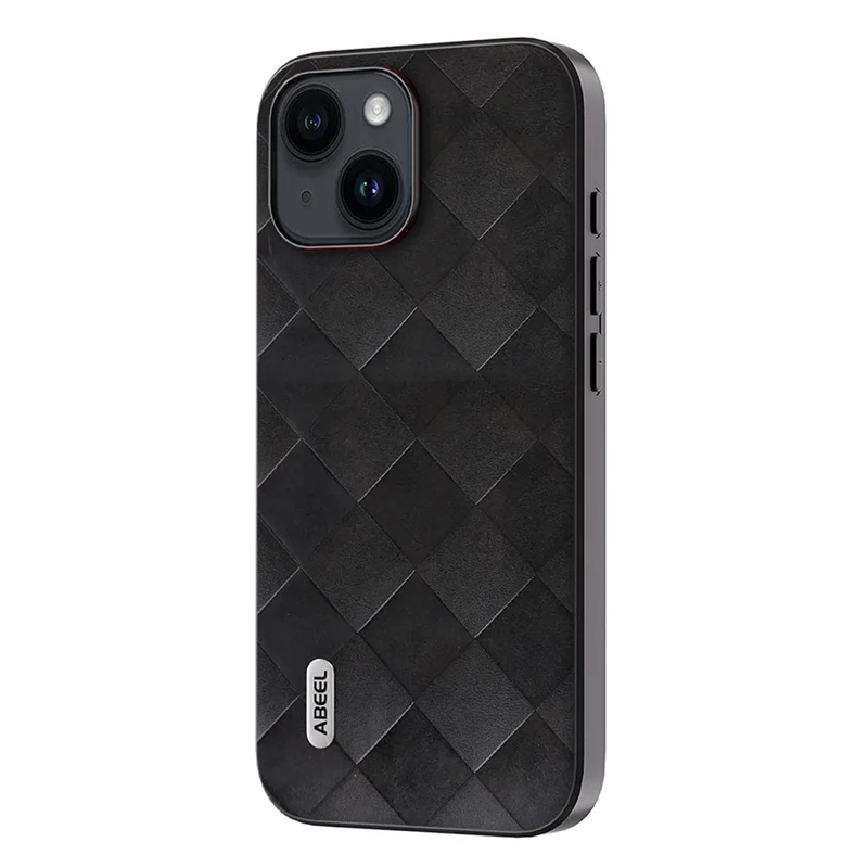 ABEEL For iPhone 15 PU Leather Coated PC+TPU Phone Case Grid Texture Shockproof Cover - Black