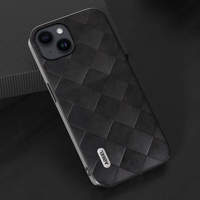 ABEEL For iPhone 15 PU Leather Coated PC+TPU Phone Case Grid Texture Shockproof Cover - Black
