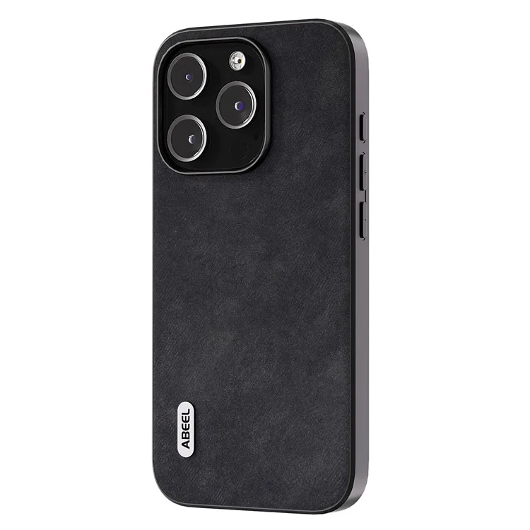 ABEEL For iPhone 15 Pro Textured PU Leather Coated PC+TPU Shock-absorbing Shell Phone Case - Black