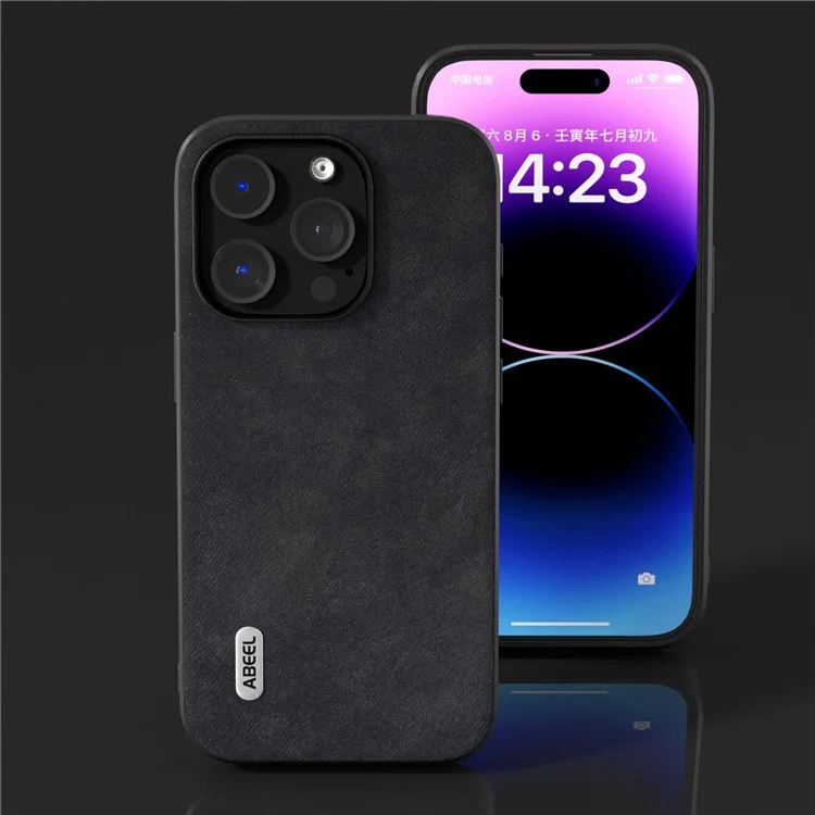 ABEEL For iPhone 15 Pro Textured PU Leather Coated PC+TPU Shock-absorbing Shell Phone Case - Black