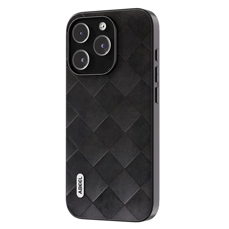ABEEL For iPhone 15 Pro Max Funda de teléfono con recubrimiento de piel sintética PU a prueba de arañazos PC+TPU Cubierta con textura de rejilla - Negro
