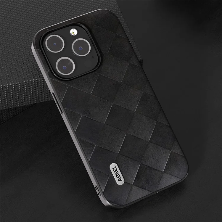 ABEEL For iPhone 15 Pro Max Funda de teléfono con recubrimiento de piel sintética PU a prueba de arañazos PC+TPU Cubierta con textura de rejilla - Negro