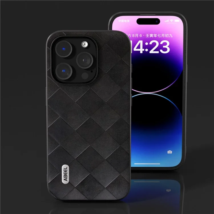 ABEEL For iPhone 15 Pro Max Funda de teléfono con recubrimiento de piel sintética PU a prueba de arañazos PC+TPU Cubierta con textura de rejilla - Negro