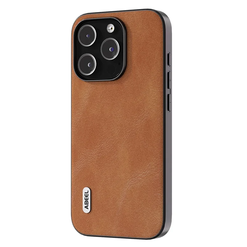 ABEEL Phone Case for iPhone 15 Pro , Shockproof Cowhide Texture PU Leather Coated PC + TPU Cover - Brown