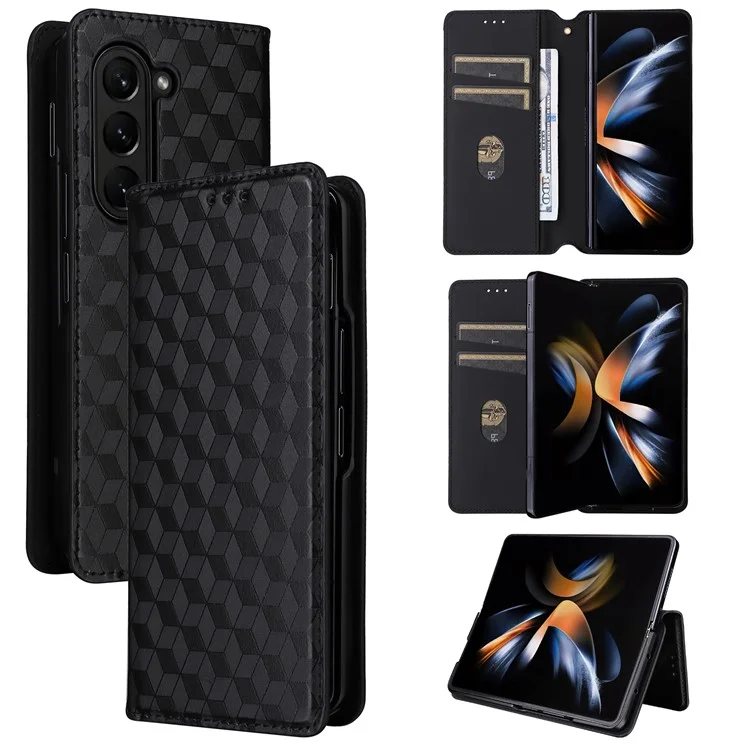Wallet Phone Case for Samsung Galaxy Z Fold5 5G Rhombus Imprinted PU Leather Phone Cover - Black