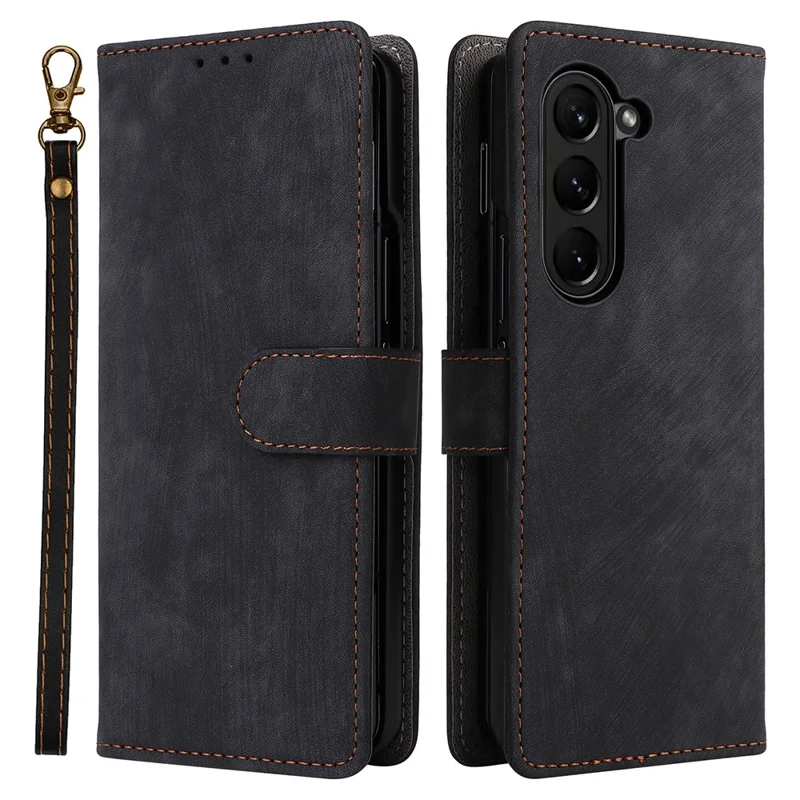 PU Leather Case for Samsung Galaxy Z Fold5 5G RFID Blocking Wallet Phone Cover with Strap - Black