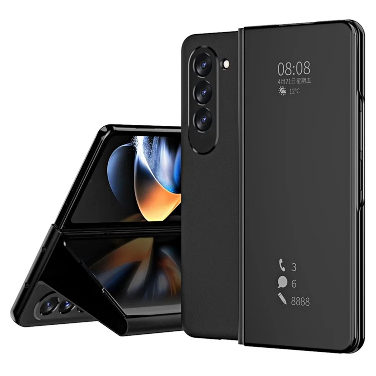Para Samsung Galaxy Z Fold5 5G Mirror Surface Phone Case PU Leather Stand Electroplating Cover - Preto