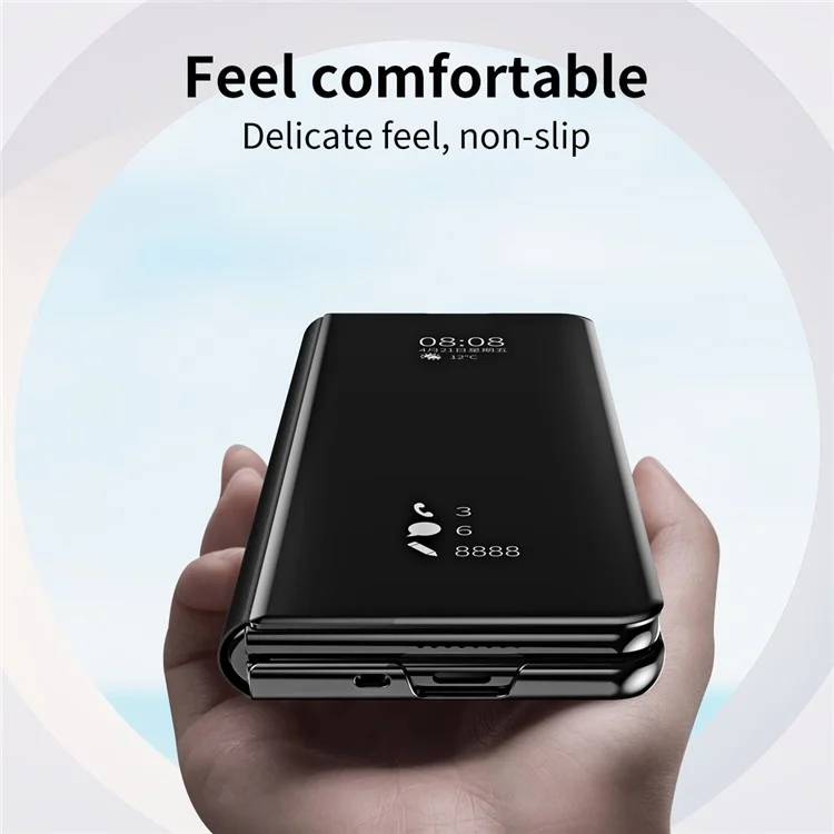 Para Samsung Galaxy Z Fold5 5G Mirror Surface Phone Case PU Leather Stand Electroplating Cover - Preto