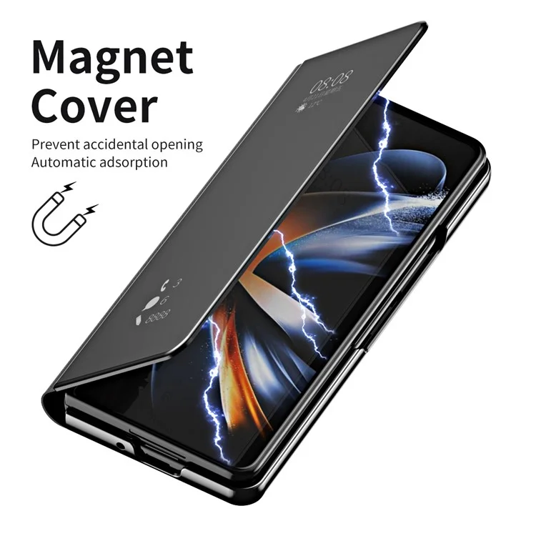 Para Samsung Galaxy Z Fold5 5G Mirror Surface Phone Case PU Leather Stand Electroplating Cover - Preto