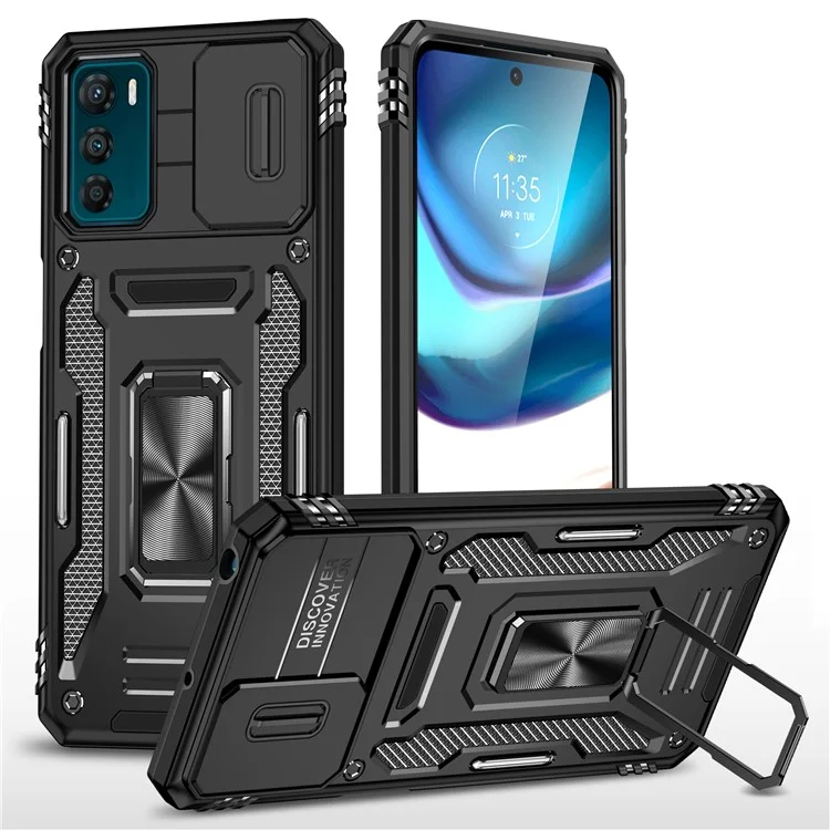 Armor Series For Motorola Moto G42 4G Kickstand Phone Case Slide Lens Shield PC+TPU Anti-Drop Cover - Black
