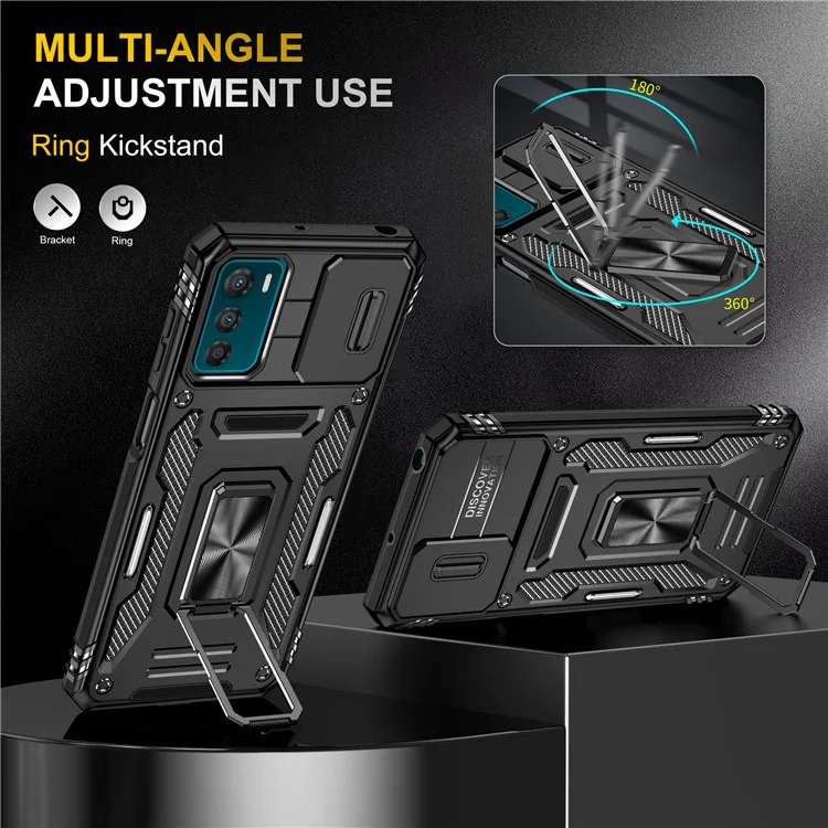 Armor Series For Motorola Moto G42 4G Kickstand Phone Case Slide Lens Shield PC+TPU Anti-Drop Cover - Black