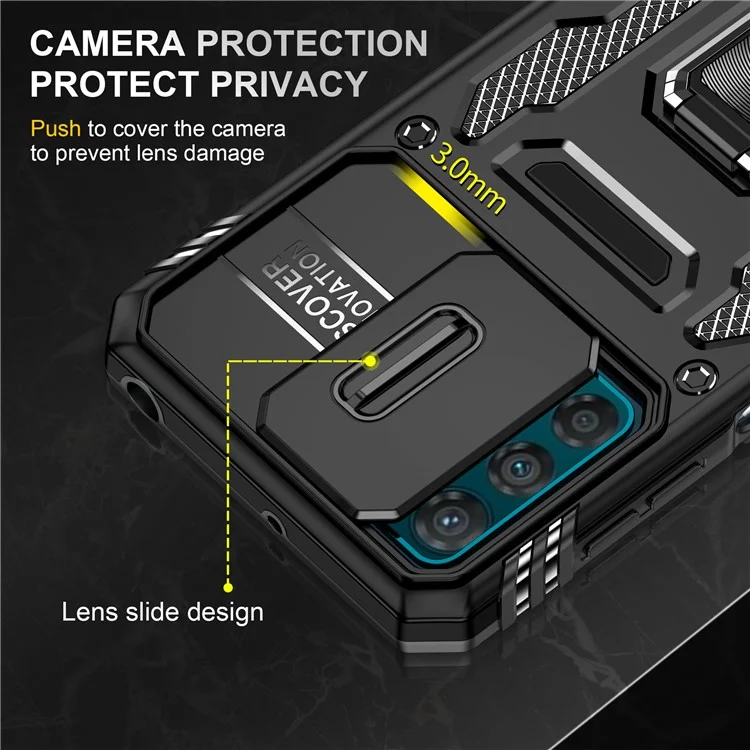 Armor Series For Motorola Moto G42 4G Kickstand Phone Case Slide Lens Shield PC+TPU Anti-Drop Cover - Black