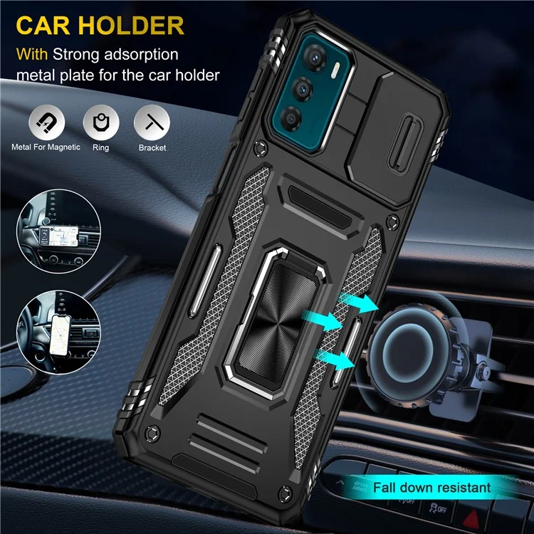 Armor Series For Motorola Moto G42 4G Kickstand Phone Case Slide Lens Shield PC+TPU Anti-Drop Cover - Black